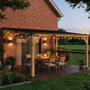 10 x 14 ft Wooden Garden Pavilion, Hardtop Attached Pavilion with Galvanized Steel Roof