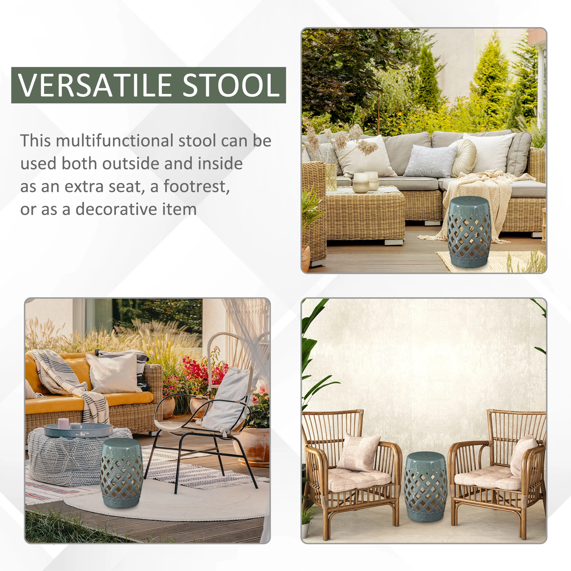 13" x 18" Keramik-Gartenhocker mit geflochtenem Gitterdesign, glasiert, dekor... – Bild 7