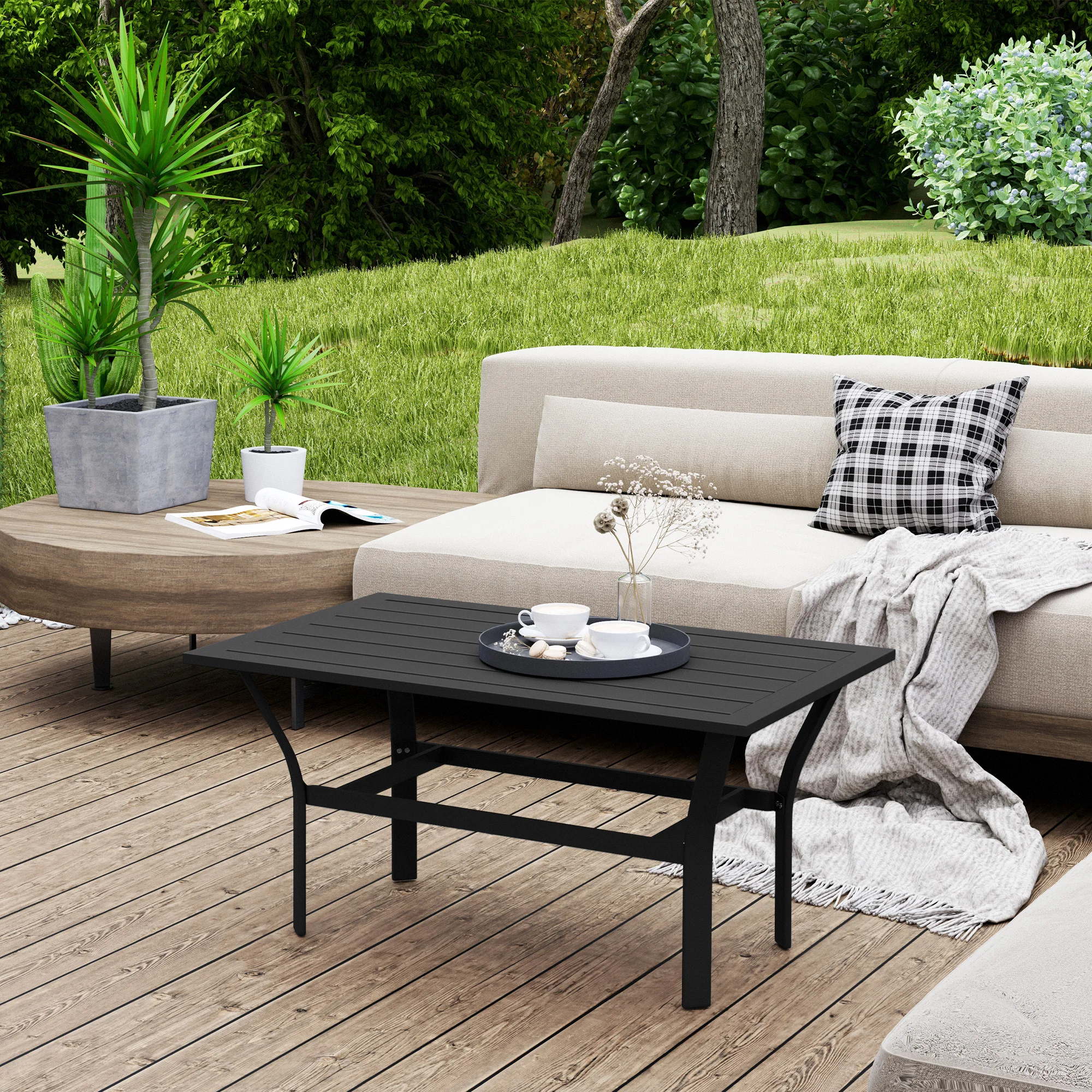 Mesa de centro para exteriores con tablero de lamas, mesa de centro metálica rectangular para jardín... - Image 3