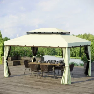 10 x 13 Terrassenpavillon, Aluminium-Doppeldach, Netz & Vorhänge, Cremeweiß