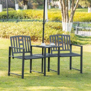 Metall-Gartenbank mit Mitteltisch und Schirmloch, 2-in-1 Doppelter Terrassens...