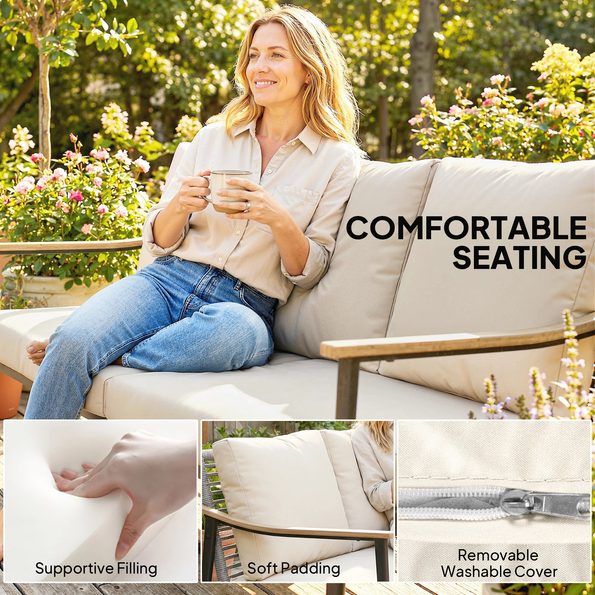 3-Sitzer Outdoor-Sofa mit Holzarmlehnen, Rattanrückenlehne, Kissen, Khaki – Bild 5