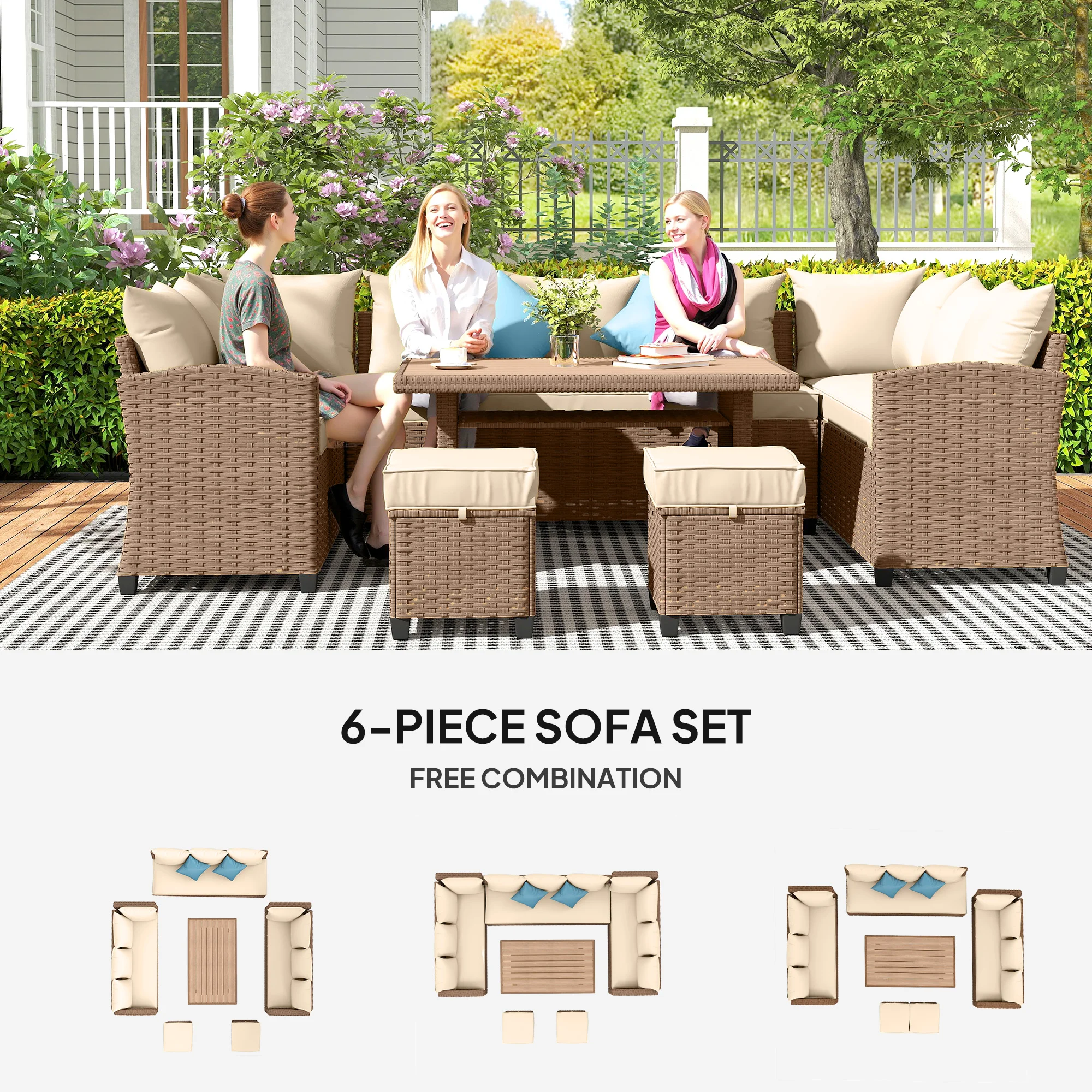6-teiliges Polyrattan-Gartenmöbel-Set mit 3 Sofas, 2 Hockern und WPC-Esstisch... – Bild 2