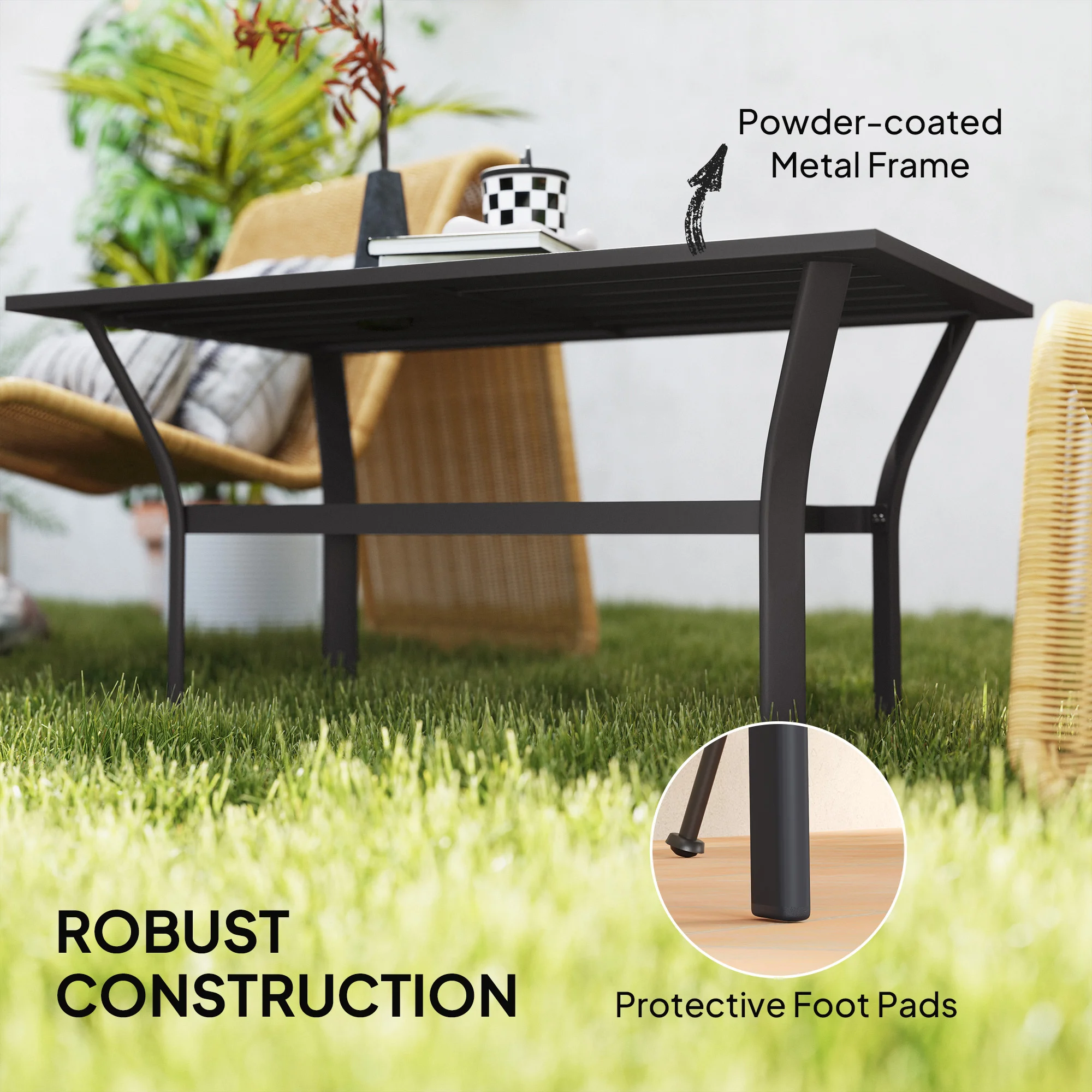 Mesa de centro para exteriores con tablero de lamas, mesa de centro metálica rectangular para jardín... - Image 6