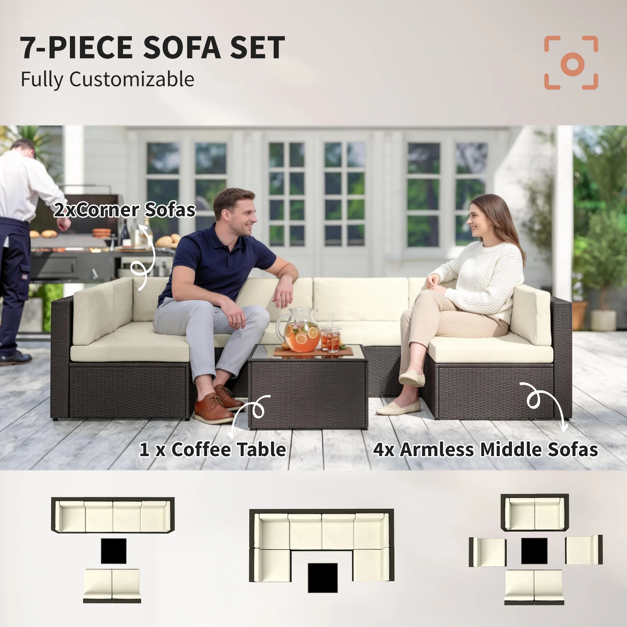 7-teiliges Terrassenmöbel-Set, PE-Rattan, wetterfest, mit Glastisch – Bild 3