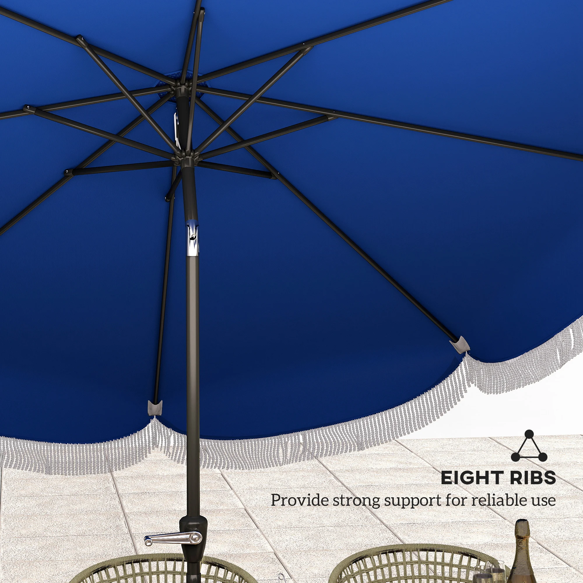 9FT Terrassenschirm, UPF 30+, Kurbel, 8 Streben, Kippfunktion, belüftet, Navy... – Bild 3