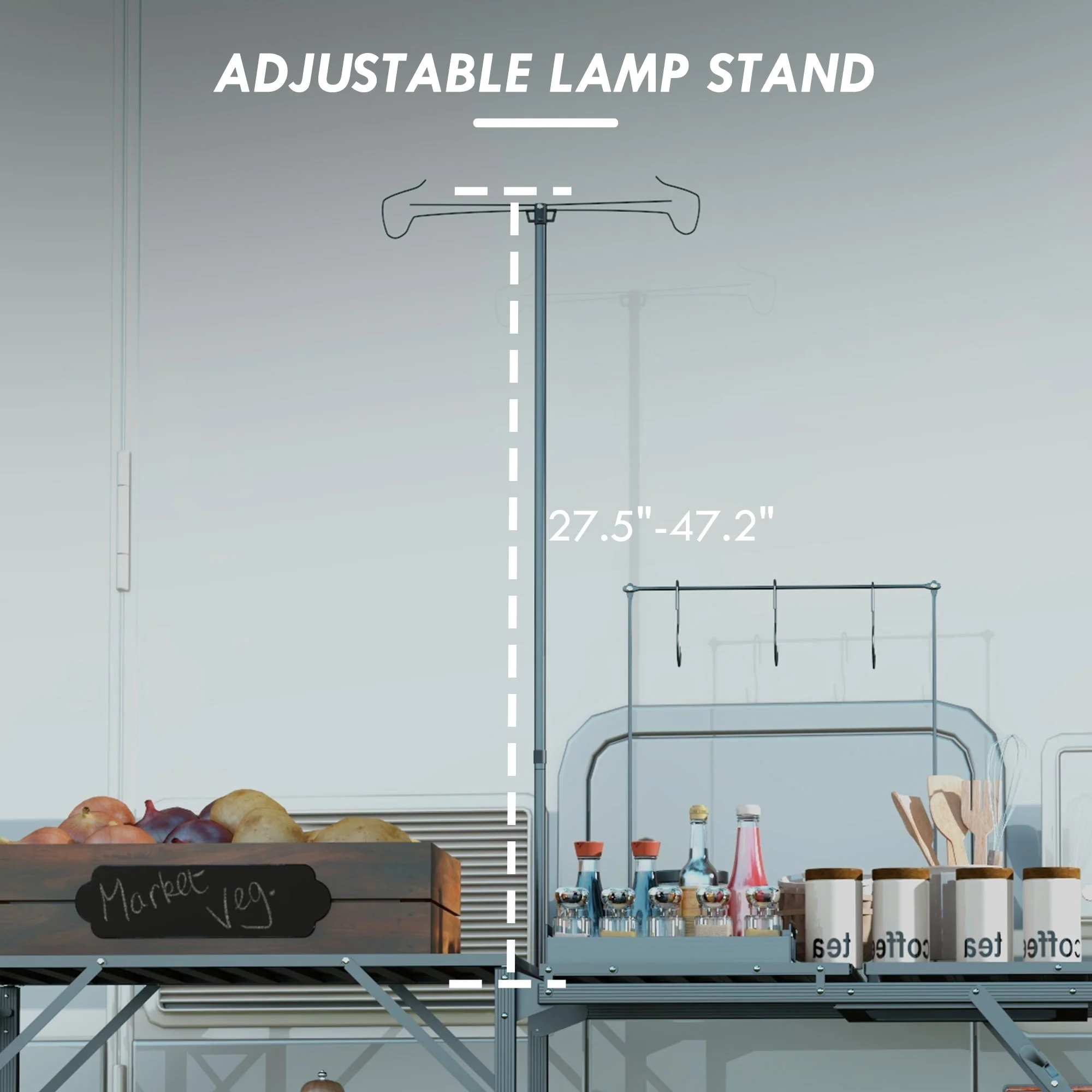 CampGlut Klappbare Campingküche mit Ständer für Lampe und Kochutensilien.