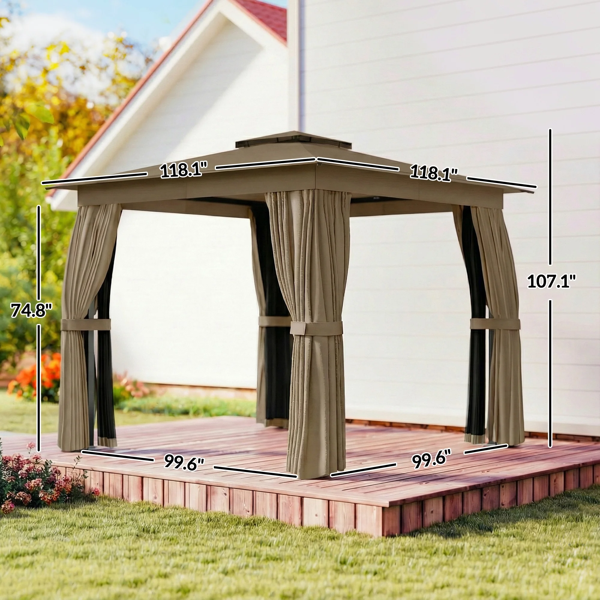 10 x 10 Outdoor Pavilion, Soft Top with Curtains, Netting, Steel Frame, Hooks, Khaki – Image 2