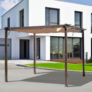 CampGlut 10x10m Aluminiumpavillon mit einziehbarem Dach in Braun.