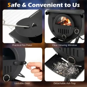 Portable folding wood stove for tents with 5-piece chimney, carbon steel...