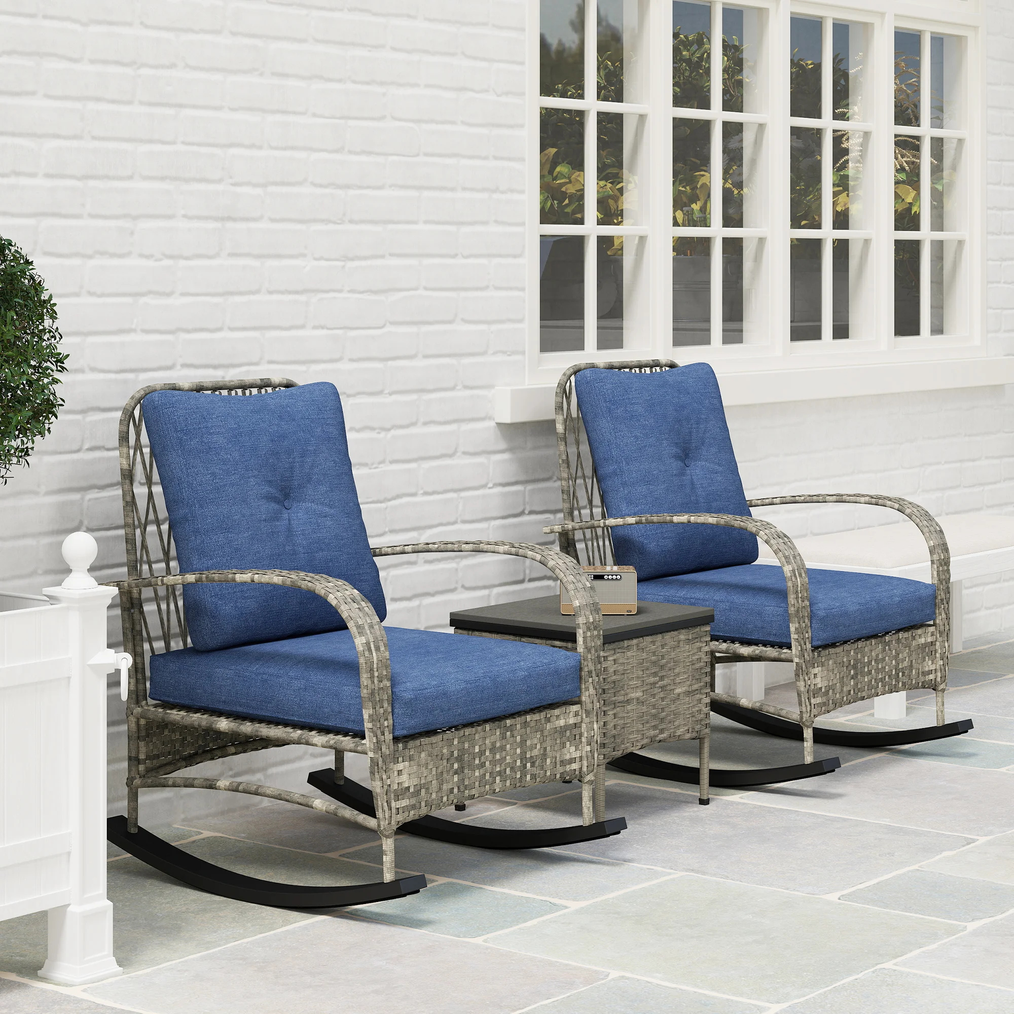 3-teiliges Polyrattan-Gartenmöbel-Set mit Schaukelstühlen, Couchtisch, Kissen...