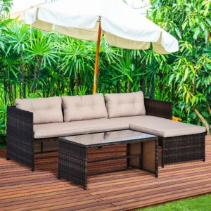 CampGlut 3-teiliges Polyrattan Set mit Liege und Sessel.