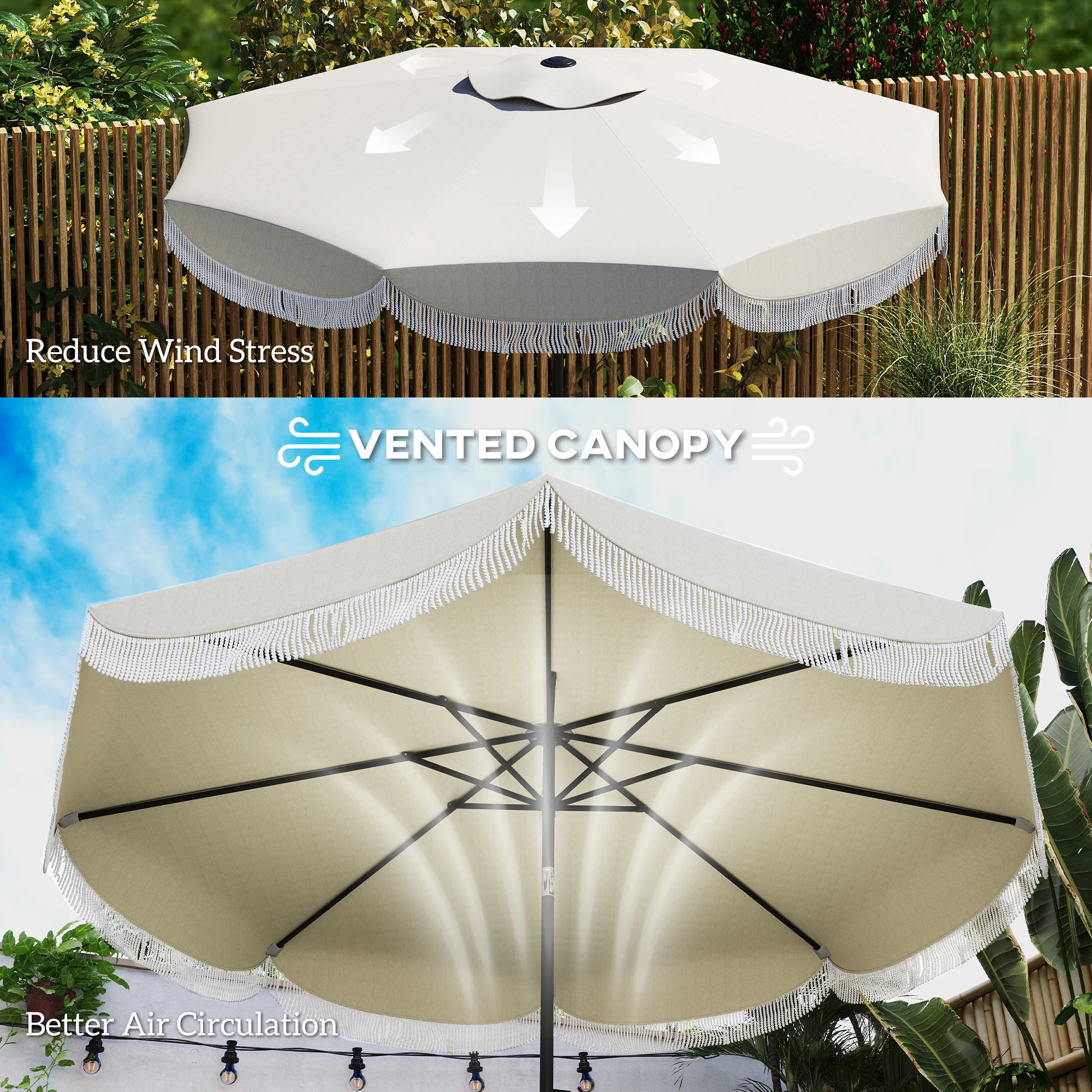 9FT Terrassenschirm, UPF 30+, Kurbel, 8 Rippen, Kippfunktion, belüftet, hellgrau – Bild 8