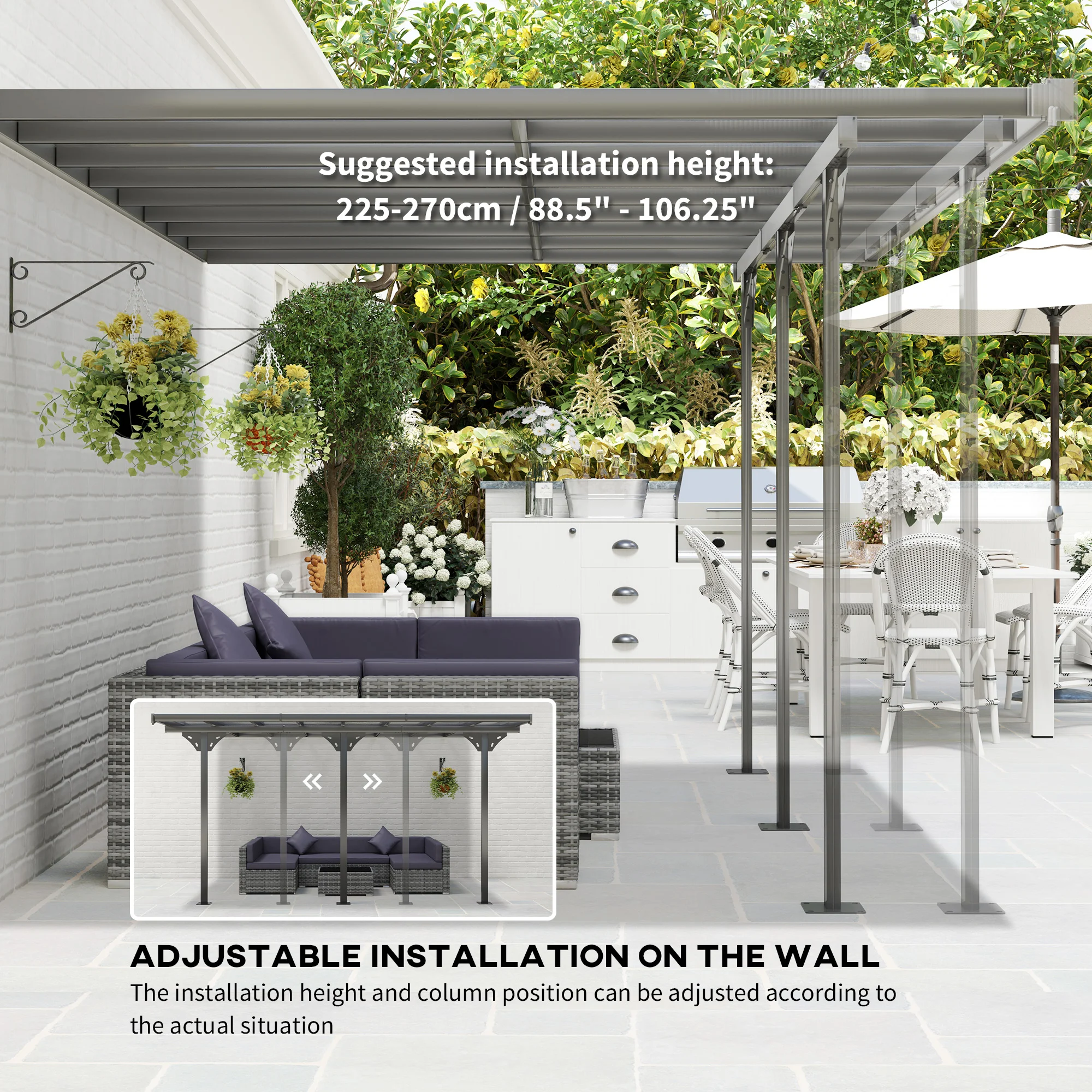 CampGlut Alu-Polycarbonat-Pergola grau mit UV-Schutz, Seitenansicht.