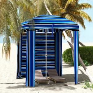 CampGlut 5,8x5,8m Cabana-Schirm mit Wänden, Lüftungsschlitzen und Rüschen.