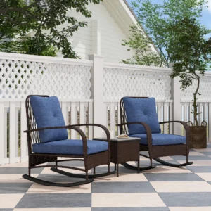 3-teiliges Rattan-Set mit Schaukelstühlen & Couchtisch, Polster, braun