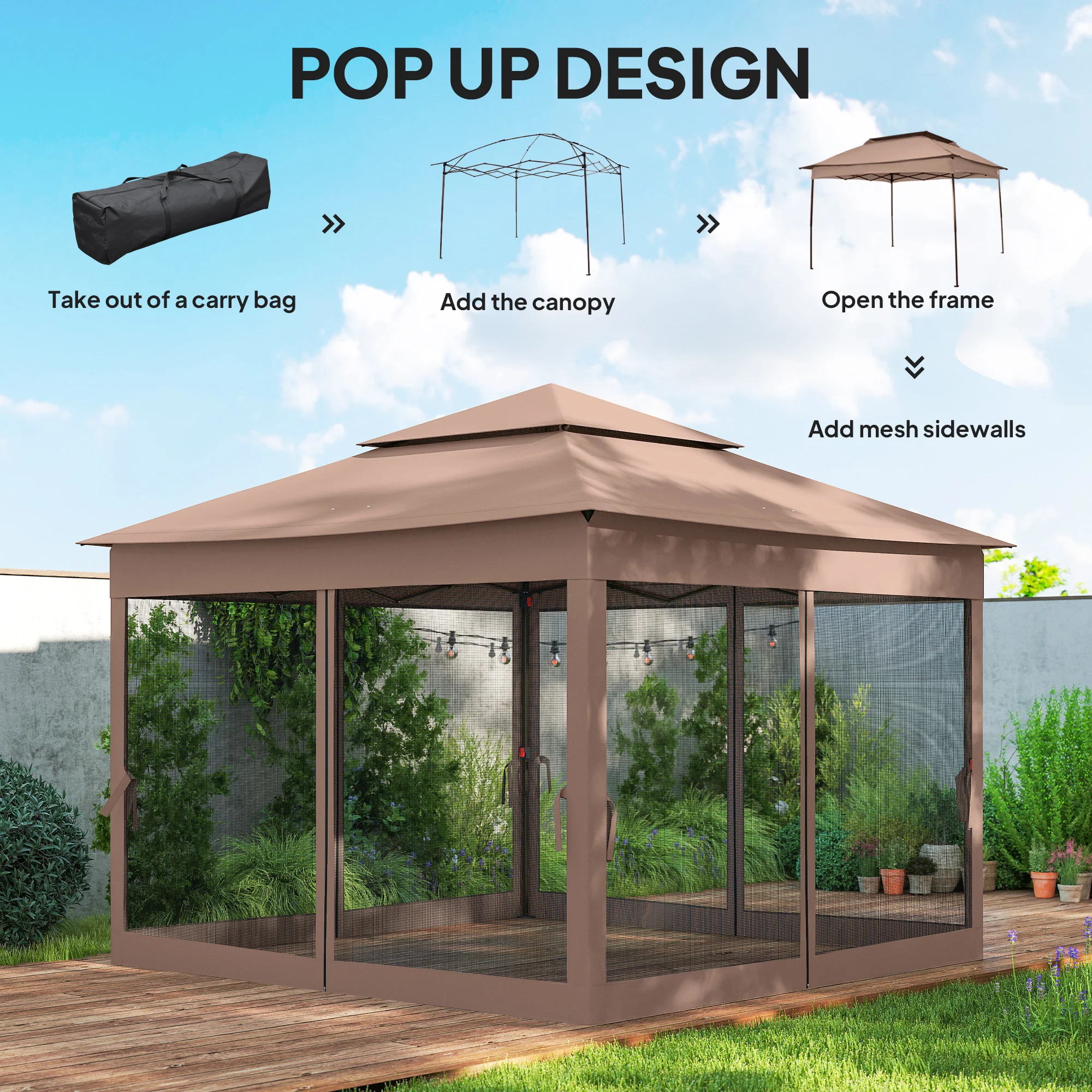 Outdoor-Pavillon mit Reißverschlussnetz, Tragetasche, 11 x 11, Braun – Bild 8