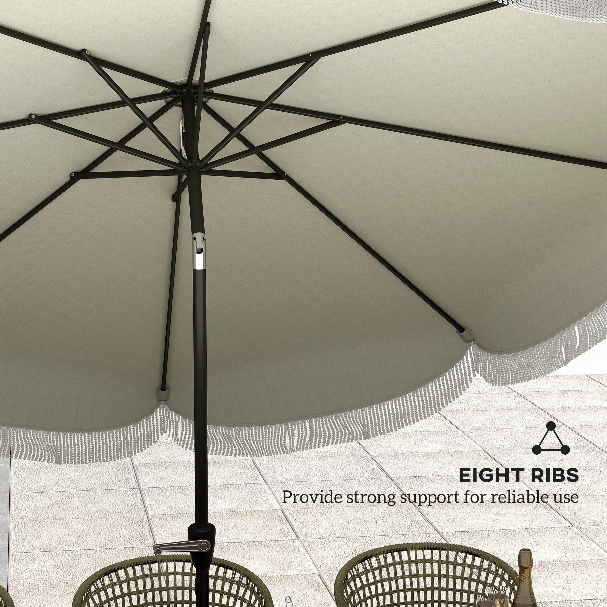 9FT Terrassenschirm, UPF 30+, Kurbel, 8 Rippen, Kippfunktion, belüftet, hellgrau – Bild 6