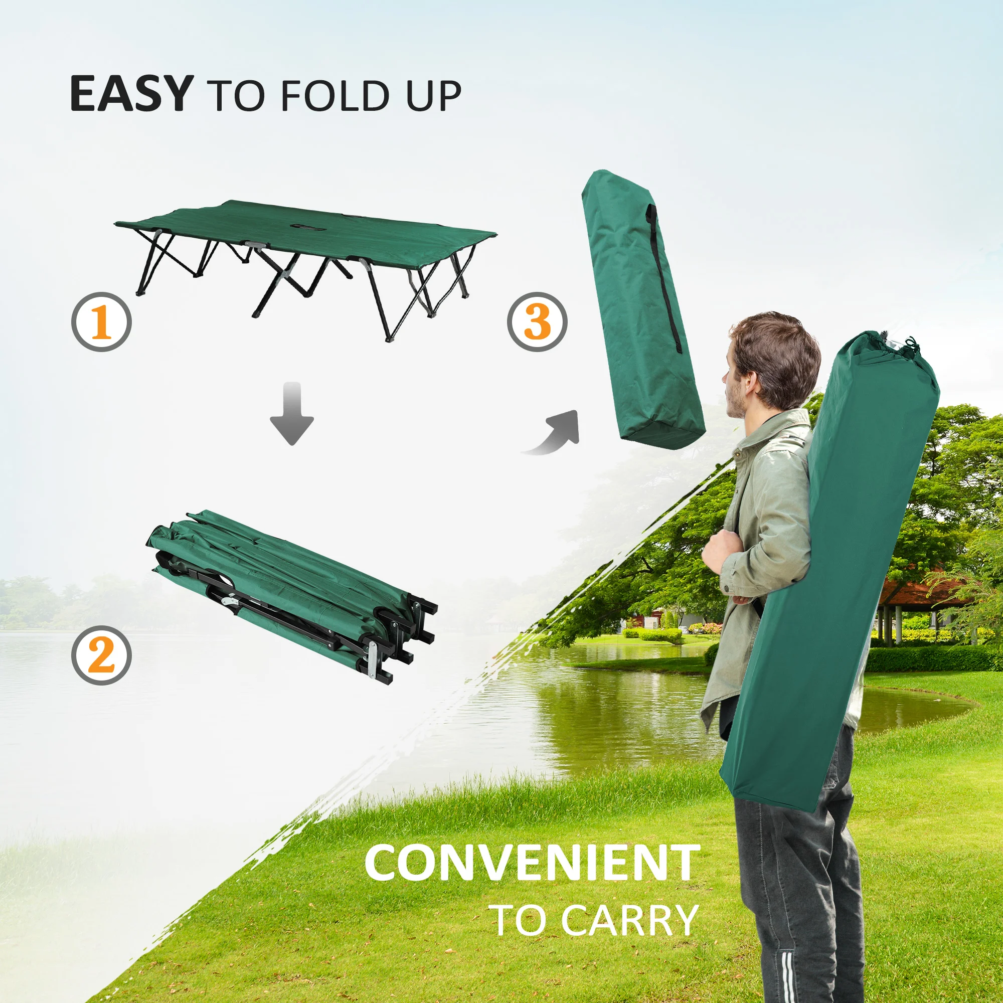 2-Person Folding Camp Bed for Adults, 127 cm Wide, with Carry Bag, Green – Image 5