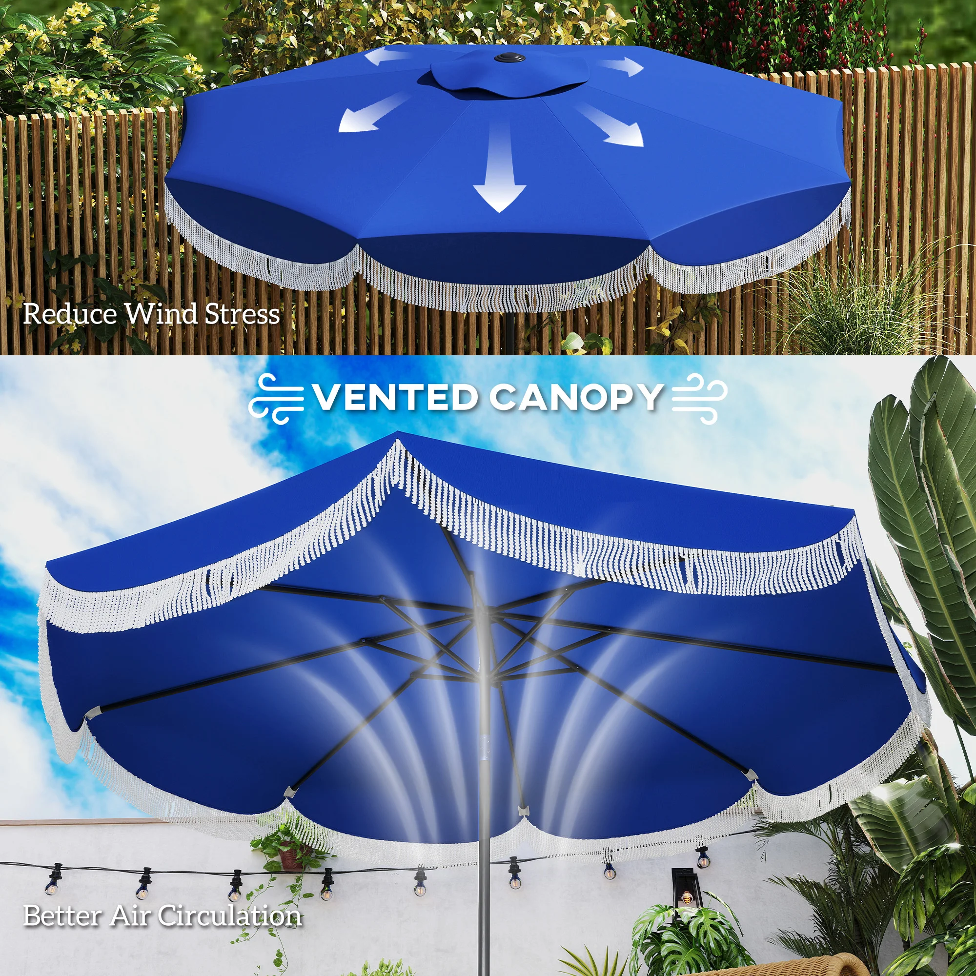9FT Terrassenschirm, UPF 30+, Kurbel, 8 Streben, Kippfunktion, belüftet, Navy... – Bild 8