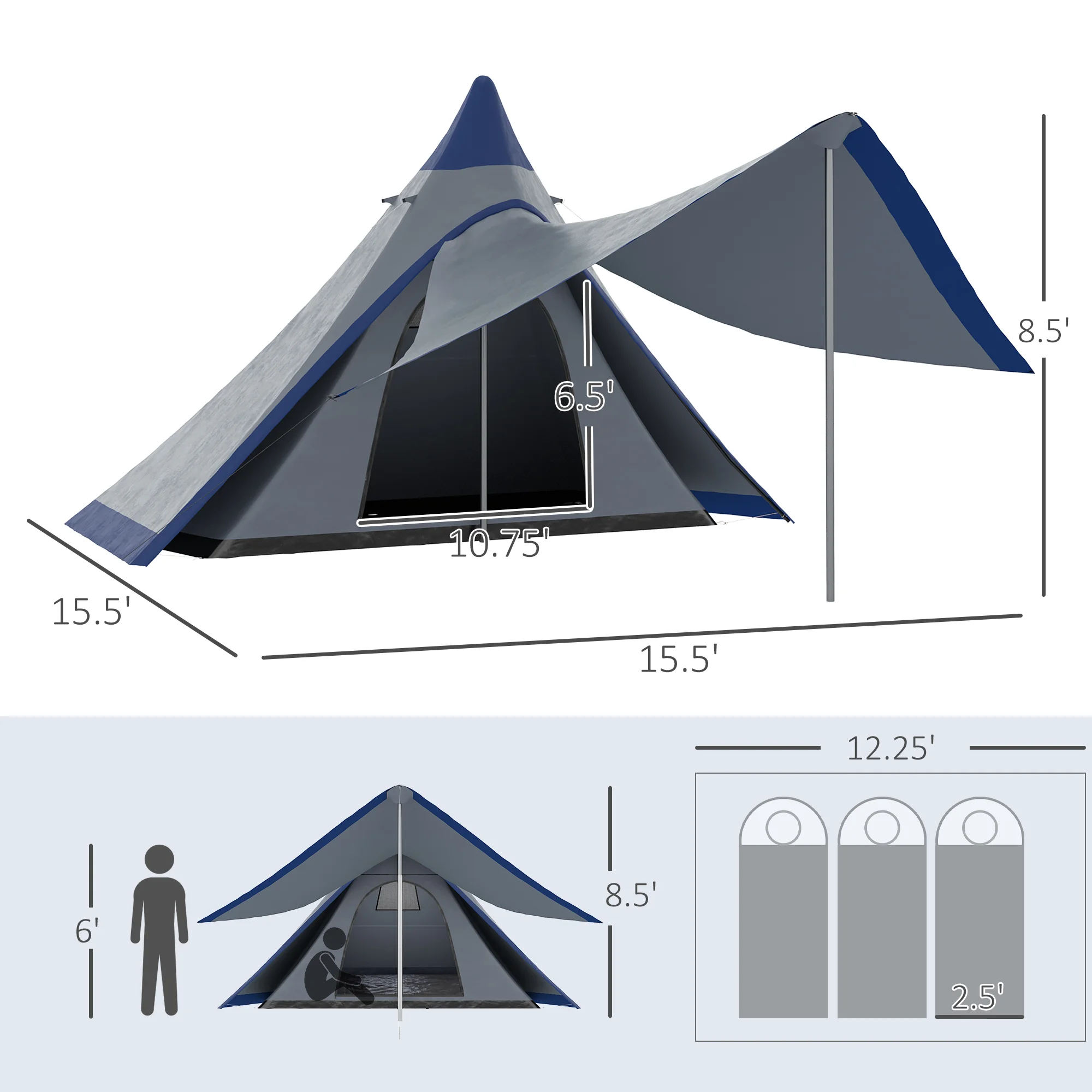 15,4x15,4x8,5 Tipi-Zelt, wasserdicht, mit Vorzelt, Boden & Tragetasche, 2-3 P... – Bild 6
