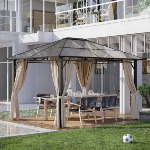 CampGlut dunkelbrauner Hardtop-Pavillon mit Polycarbonat-Dach.
