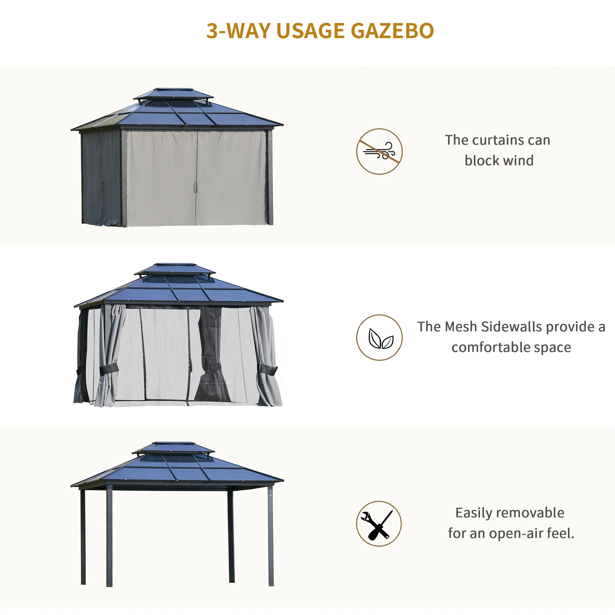 10 x 12 Hardtop-Pavillon mit Polycarbonat-Dach, Alurahmen, Netzschutz, hellgrau – Bild 7