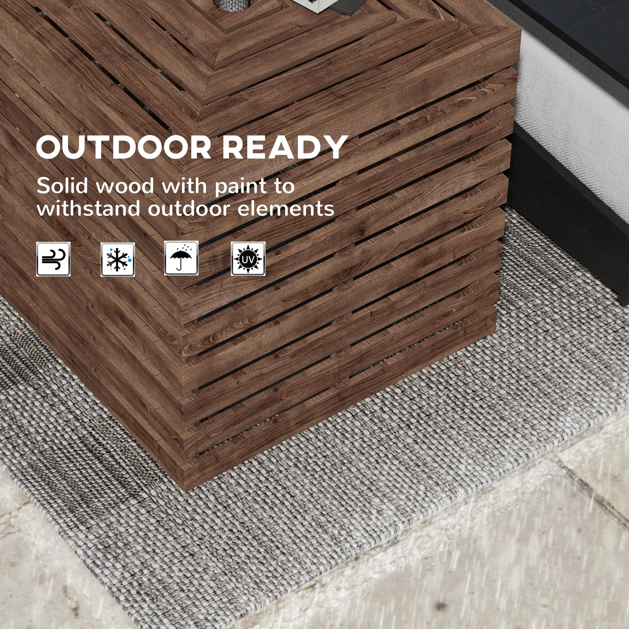 2-in-1 Outdoor Schirmständer Aufbewahrungsbox, Holz Gartentisch, Braun – Bild 7