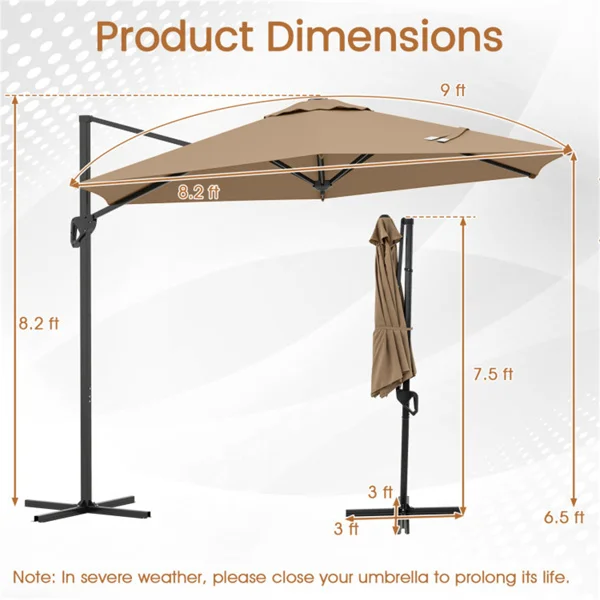 CampGlut 9x8.2FT Cantilever Patio Umbrella seitlich am Terrassentisch.