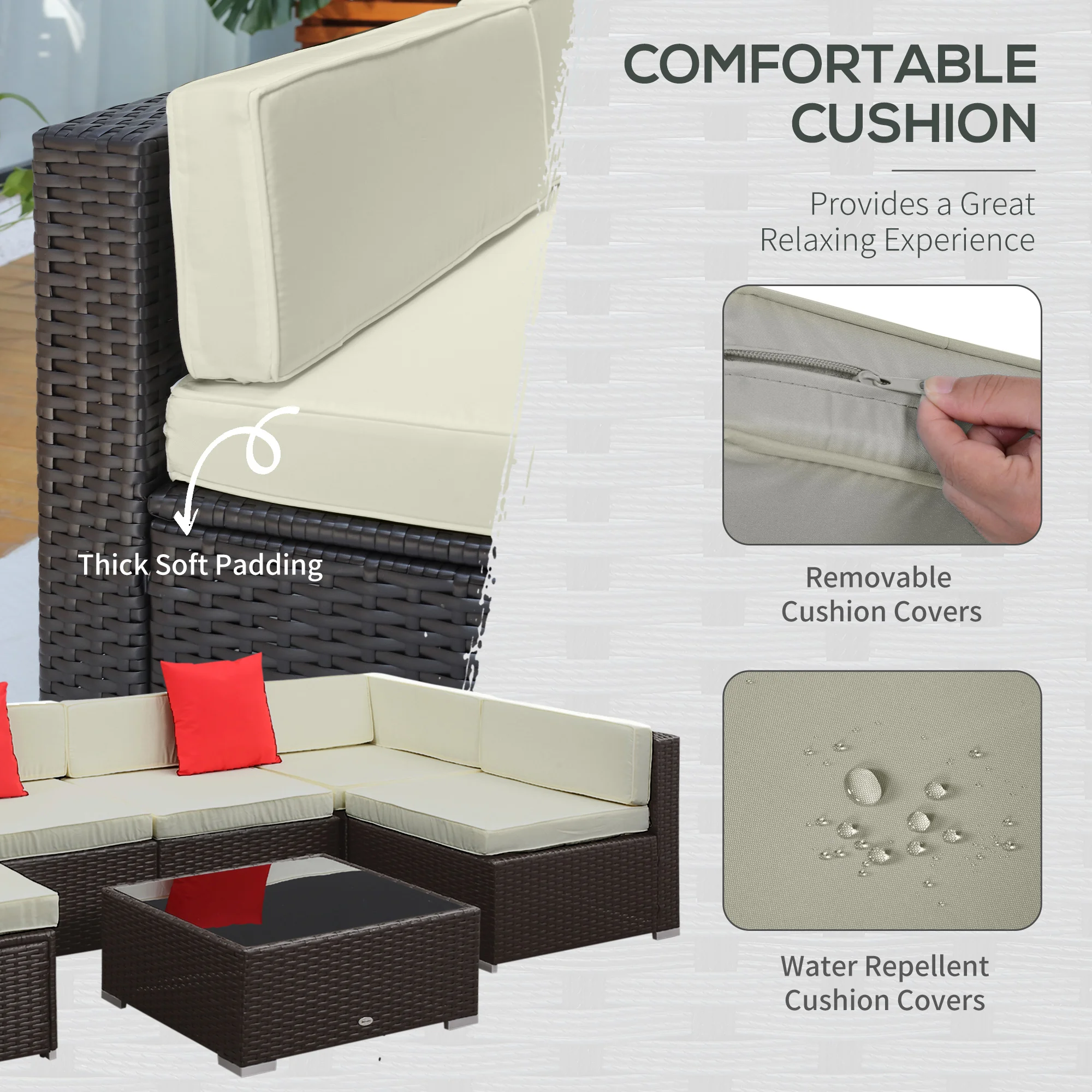 7-teiliges Outdoor-Sofa-Set mit Polstern, PE-Rattan, 75 cm Sitzmodul, Glastis... – Bild 5