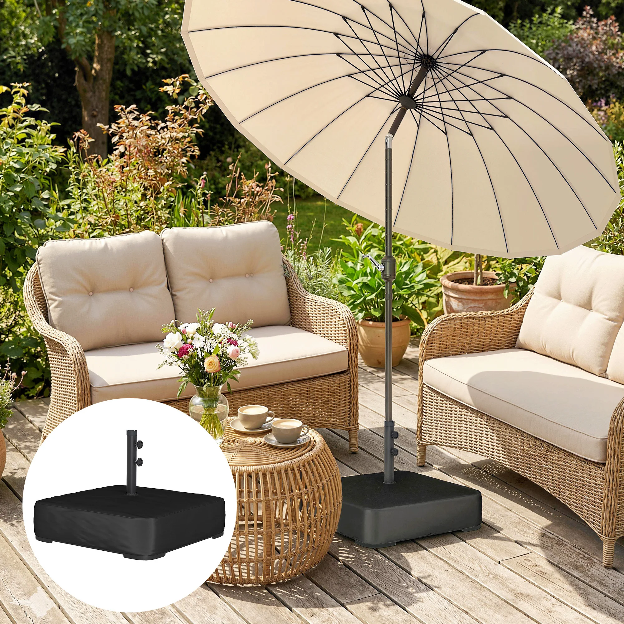 CampGlut schwerer Schirmständer im Garten, für Ausleger-Sonnenschirme.