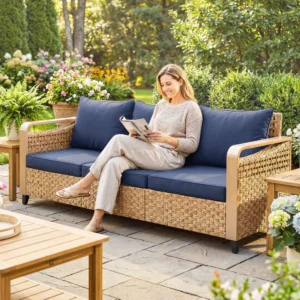 Canapé de jardin en rotin 3 places avec coussins, bleu foncé