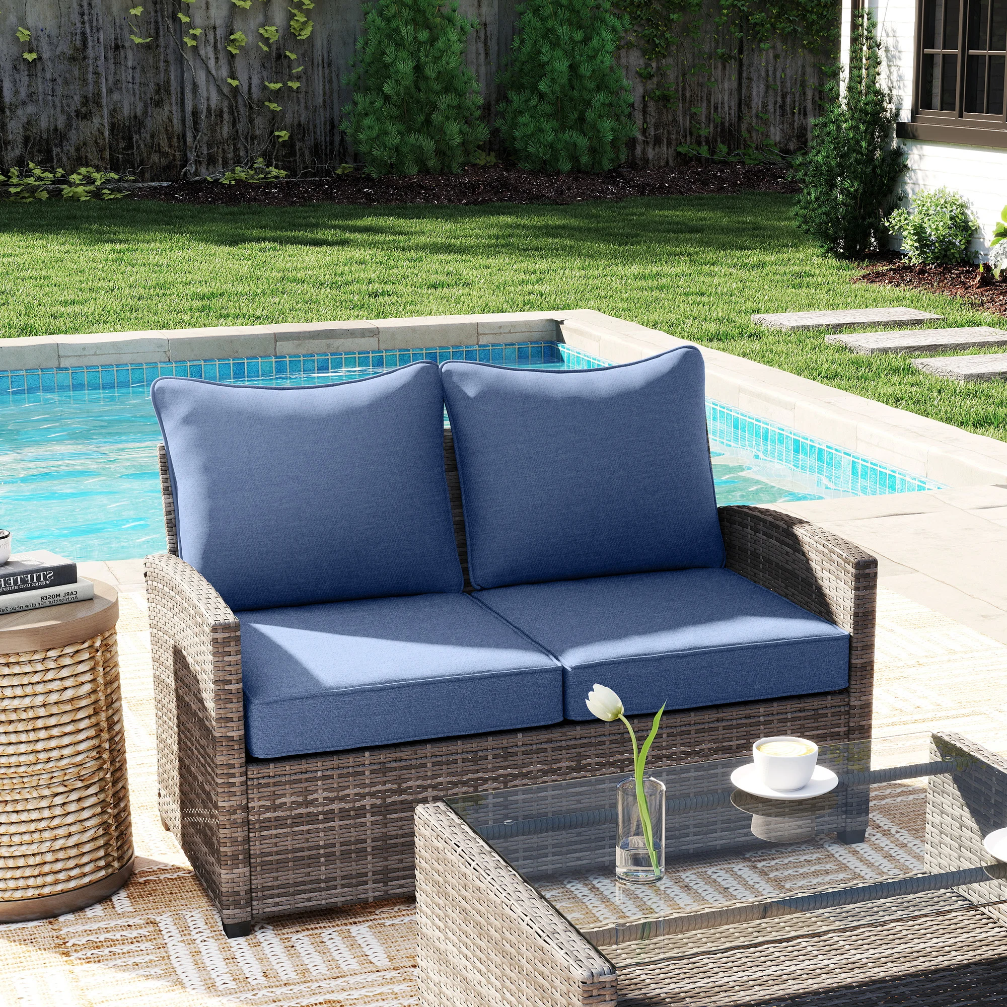 Terrassenstuhl-Auflagen Set 2-tlg. mit Sitz & Rückenlehne, blau, wasserabweisend – Bild 7