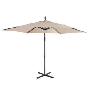 CampGlut 10FT Round Offset Patio Umbrella, seitlich versetzt über Tisch.
