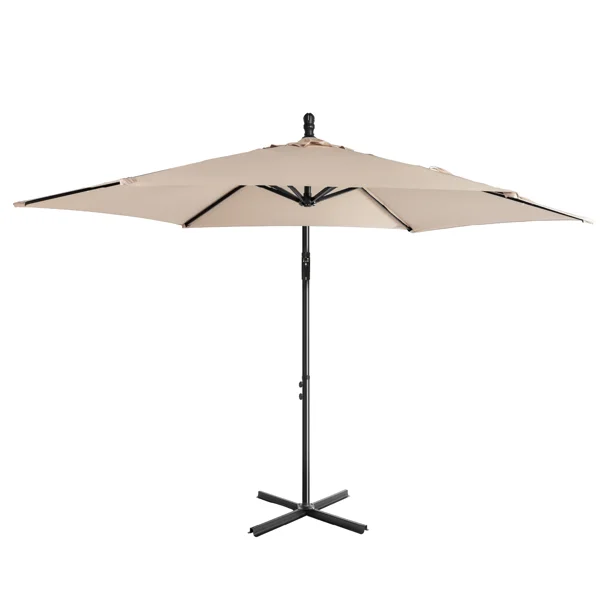 CampGlut 10FT Round Offset Patio Umbrella, seitlich versetzt über Tisch.