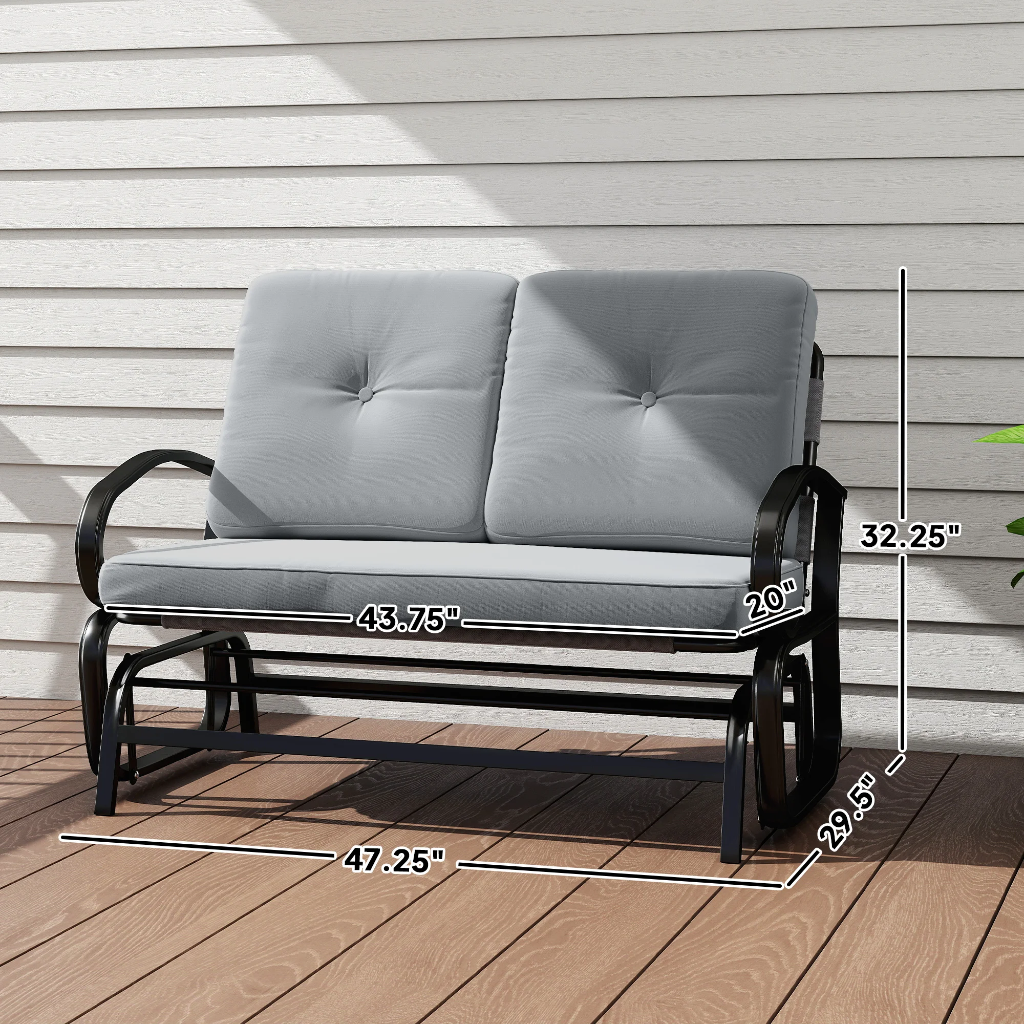 Garten-Schaukelbank, 2-Sitzer mit getufteten Polstern, Stahlgestell, Grau – Bild 3