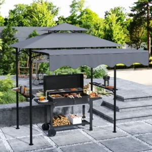 8 x 7,6 m Outdoor Grillpavillon mit Seitenmarkise, 2 Ablagen & 6 Haken, Dunke...
