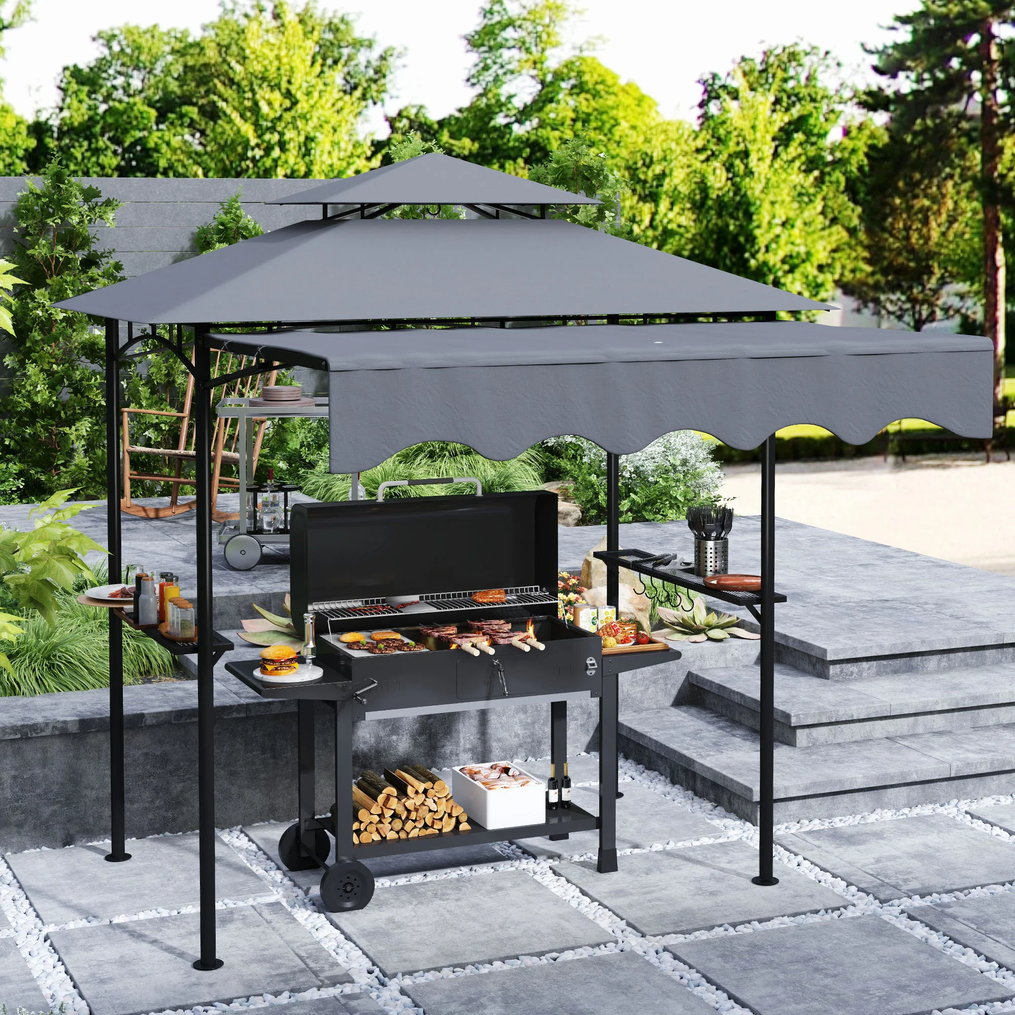 8 x 7,6 m Outdoor Grillpavillon mit Seitenmarkise, 2 Ablagen & 6 Haken, Dunke...