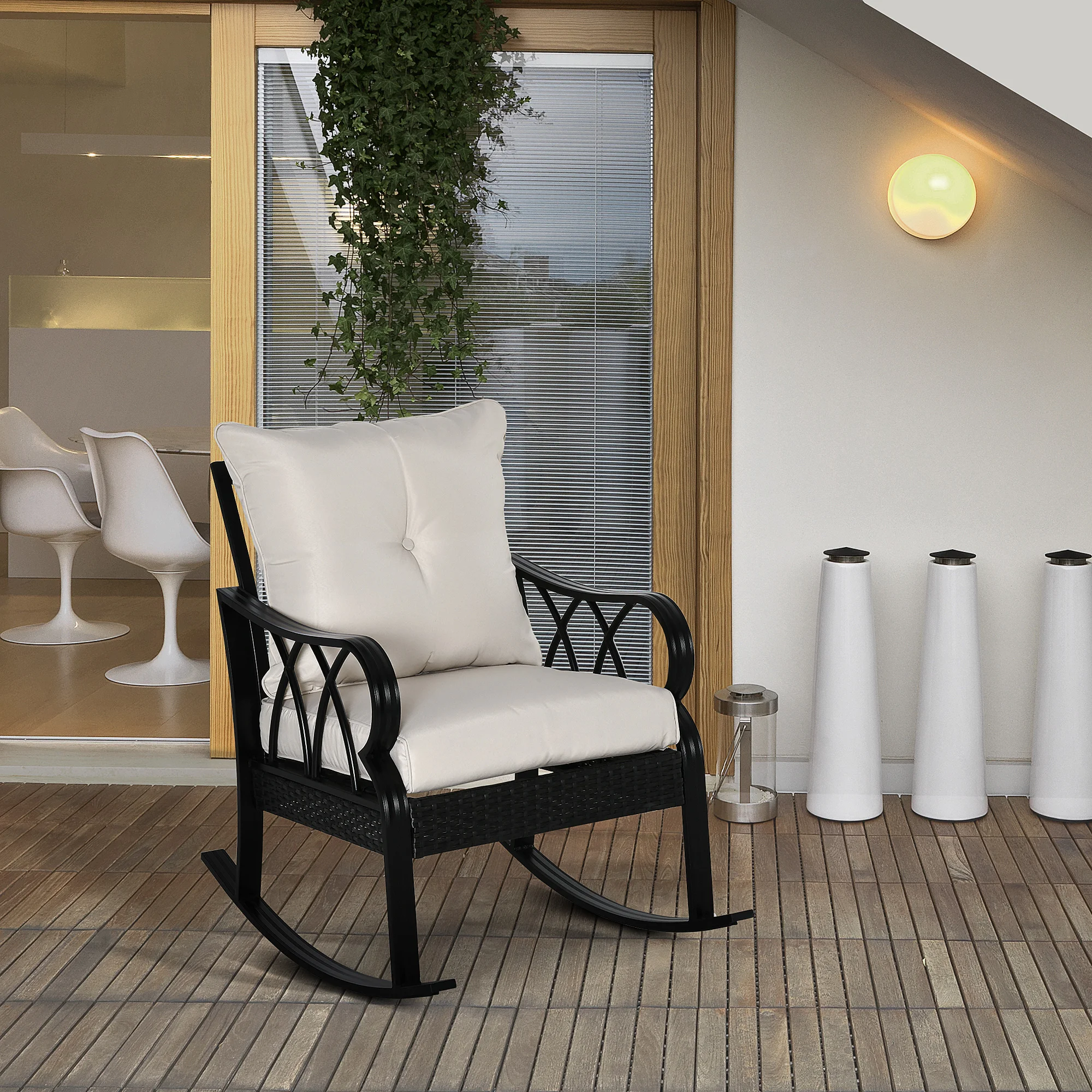 Gepolsterter Outdoor-Korbstuhl, Alu-Rattan-Sessel mit Armlehnen, Khaki – Bild 3