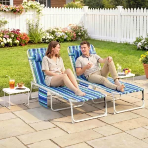 Set of 2 Sun Loungers with Face Hole and Side Table, 5-level adjustable, ...