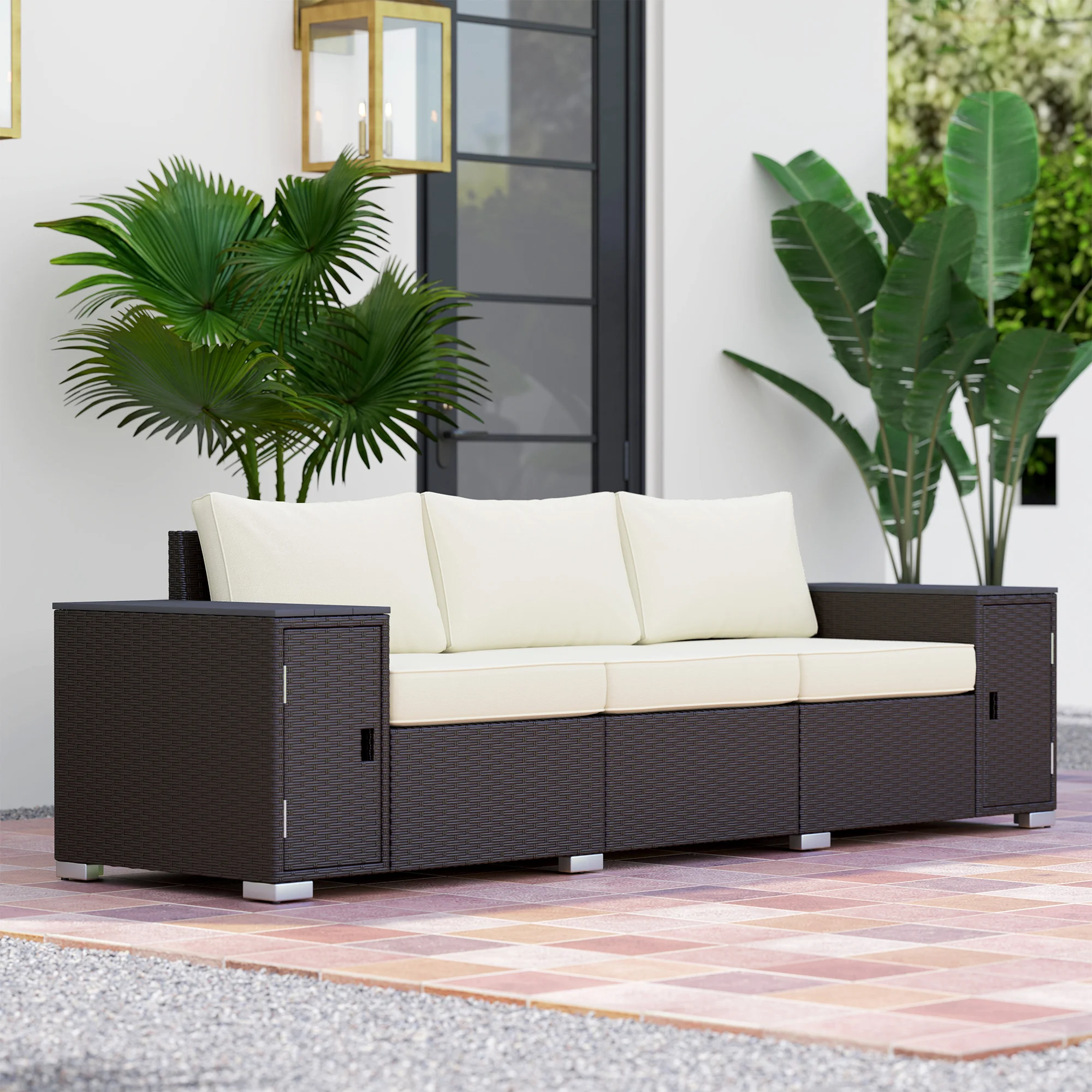 CampGlut 3-Sitzer Outdoor-Korbsofa mit Stauraum Polstern