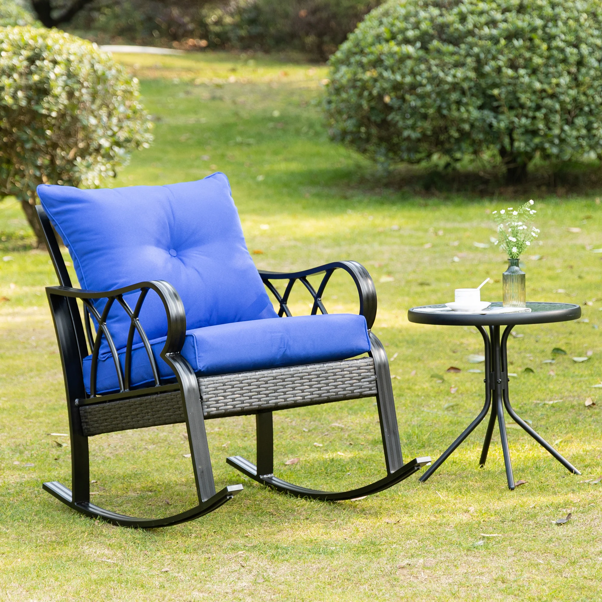 Fauteuil à bascule en rotin de jardin avec coussins, aluminium, accoudoirs, bleu - Imagen 7