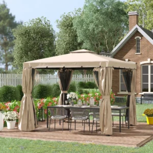 10 x 10 Terrassenpavillon, Aluminium-Doppeldach, Netz & Vorhänge, Khaki