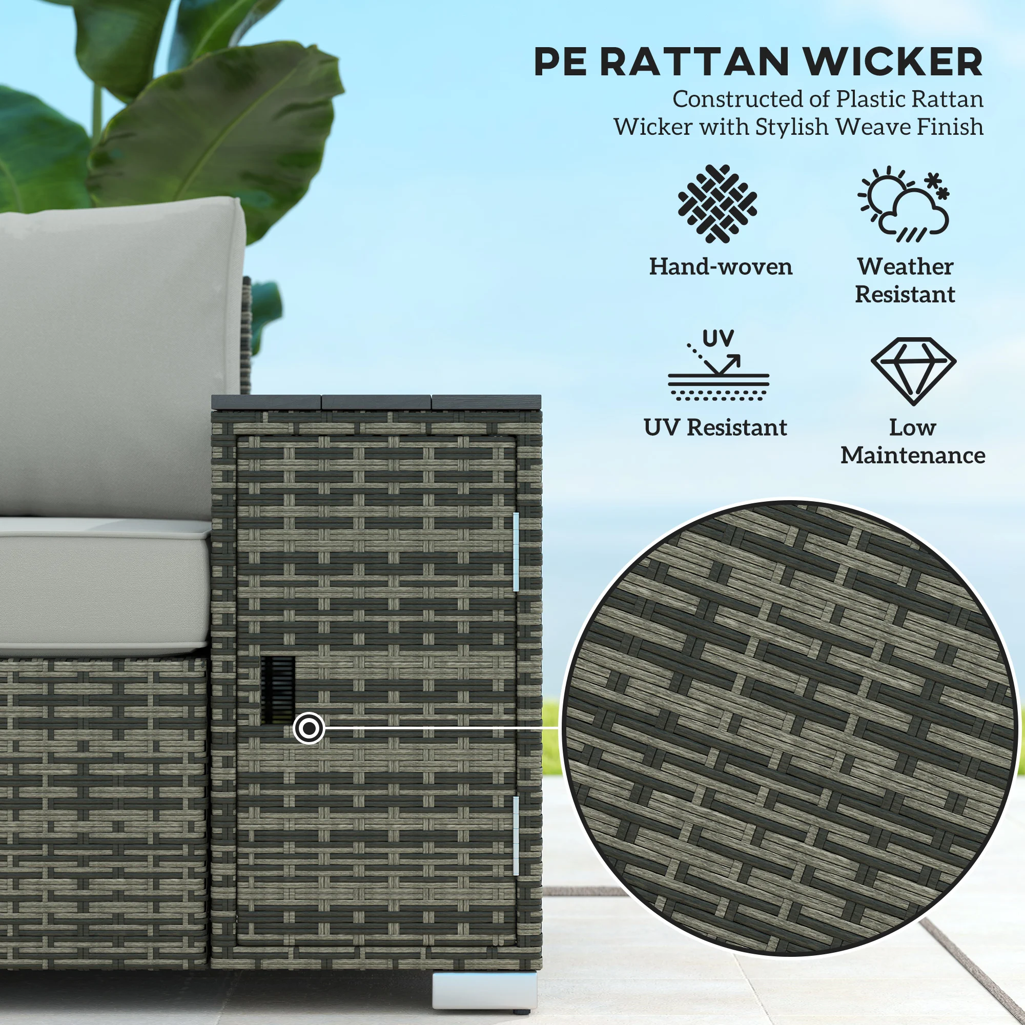 CampGlut Outdoor Polyrattan Couch mit dicken Auflagen und Stauraum, grau.