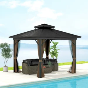 10x10 Hardtop-Pavillon, Alurahmen, Metalldach, Haken, Vorhänge, Dunkelbraun