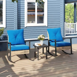 3-teiliges Bistro-Set, Polyrattan-Gartenmöbel mit Knopfpolstern, Schaukelstüh...