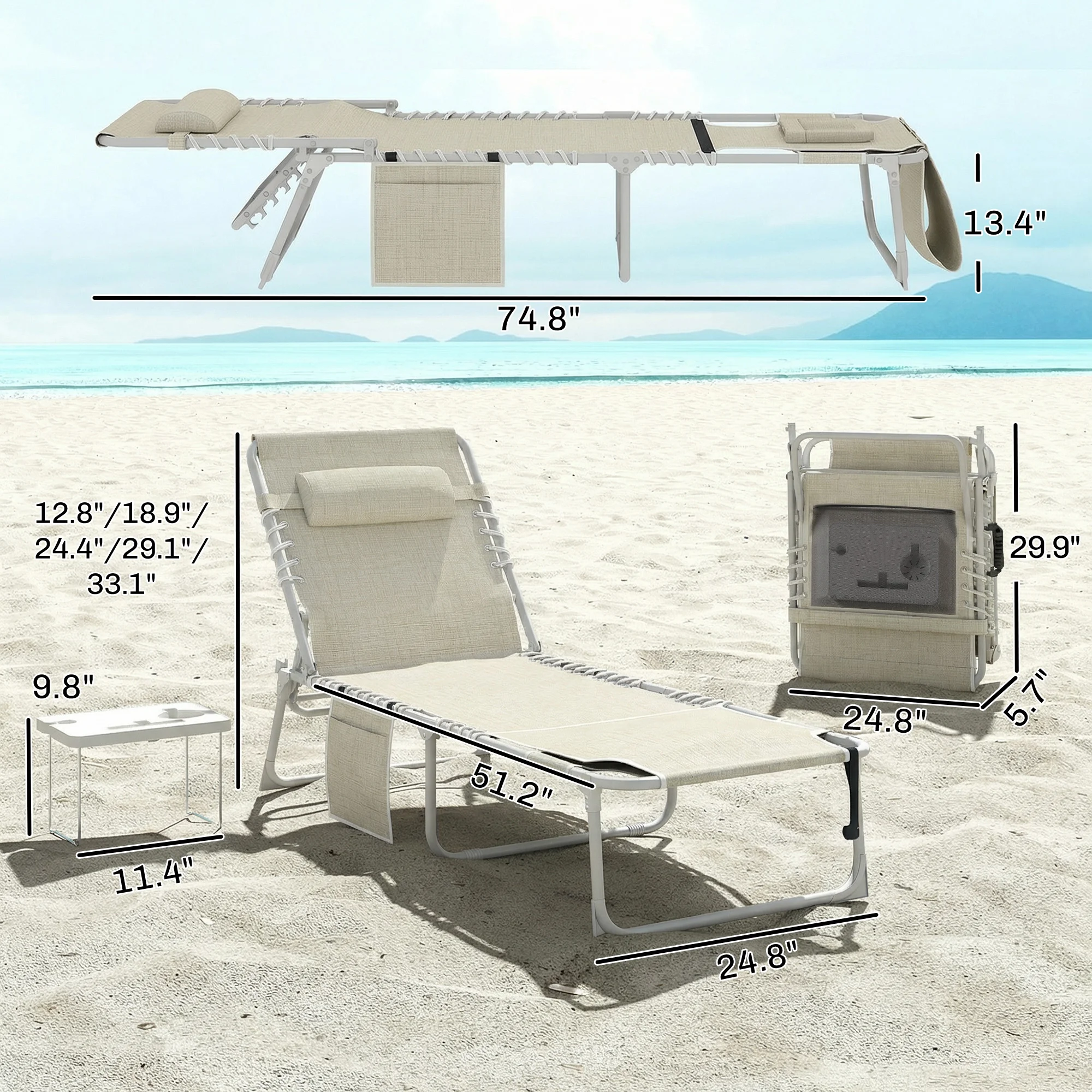 Sonnenliege mit Gesichtsloch und Beistelltisch, 5-fach klappbar, beige – Bild 2