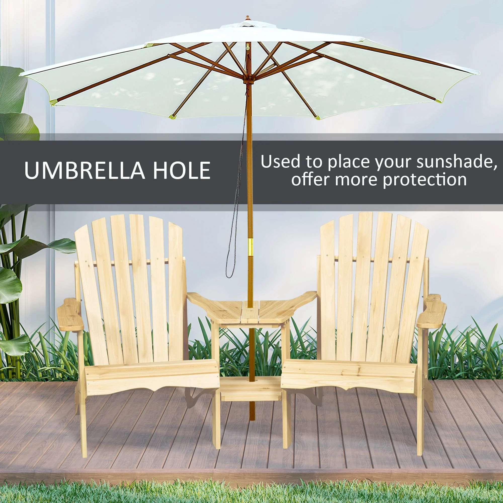 Feuerstelle Sitzgruppe: 2 Holz Adirondack Stühle mit Tisch & Sonnenschirmloch... – Bild 8