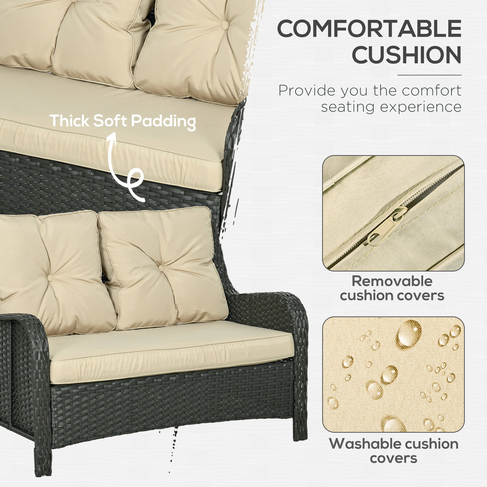 CampGlut beige 2-Sitzer Couch mit dicken Polstern und breiten Armlehnen.