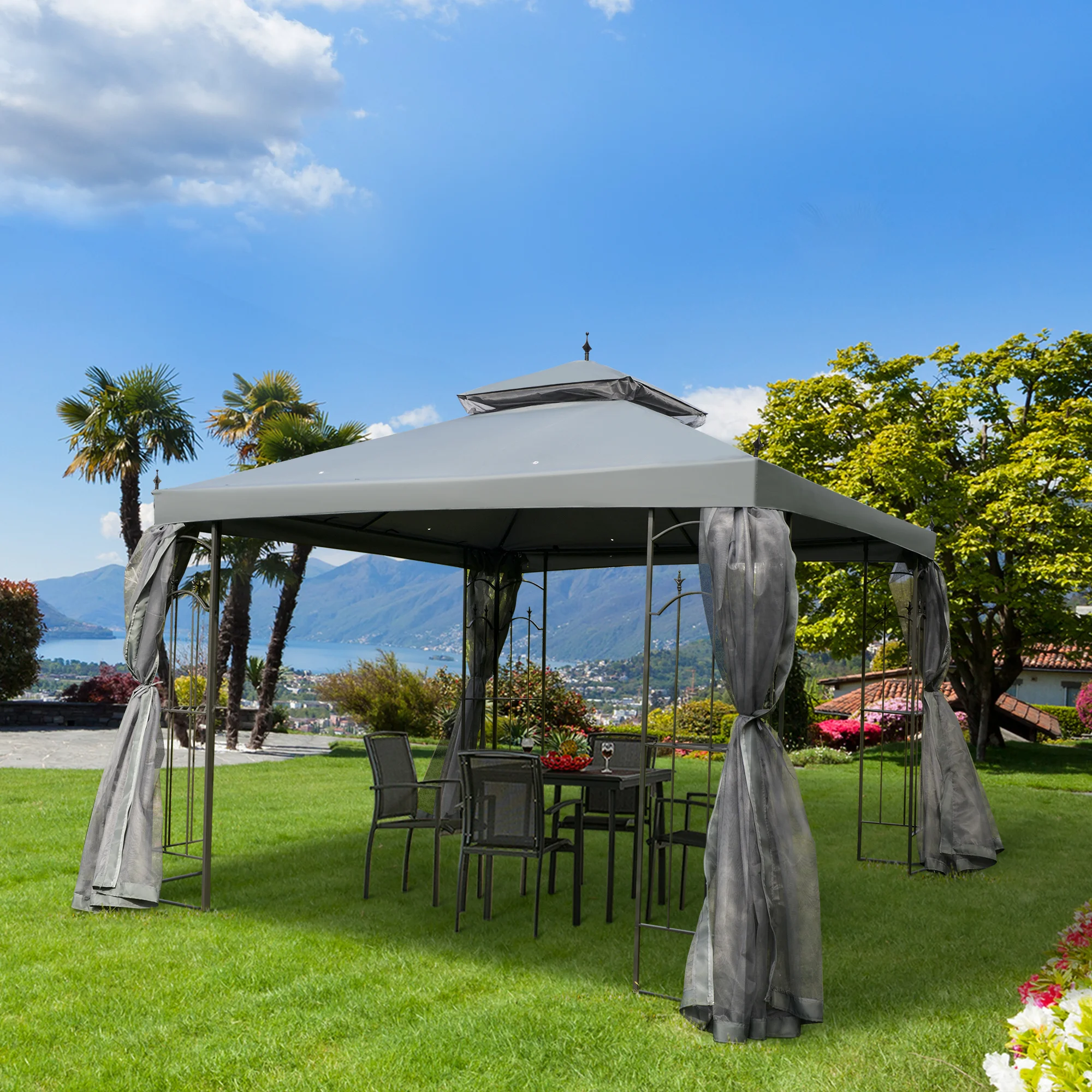 118" x 118" Stahl-Pavillon für die Terrasse mit abnehmbaren Moskitonetzen, Ab...